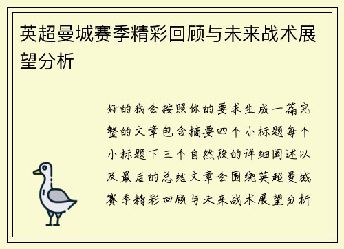 英超曼城赛季精彩回顾与未来战术展望分析