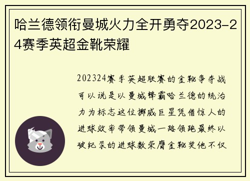 哈兰德领衔曼城火力全开勇夺2023-24赛季英超金靴荣耀