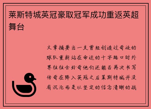 莱斯特城英冠豪取冠军成功重返英超舞台